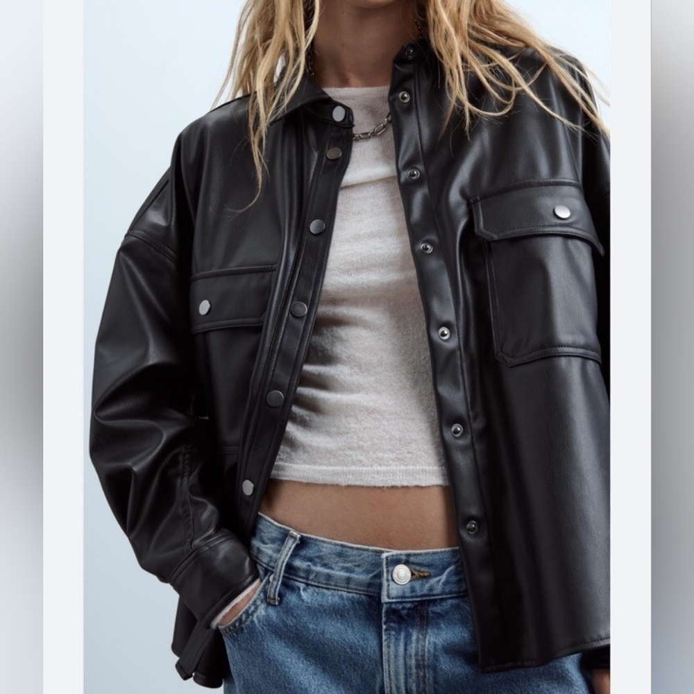 Zara Women's Faux Leather Oversize Cropped Button Down Shirt Black Size Large